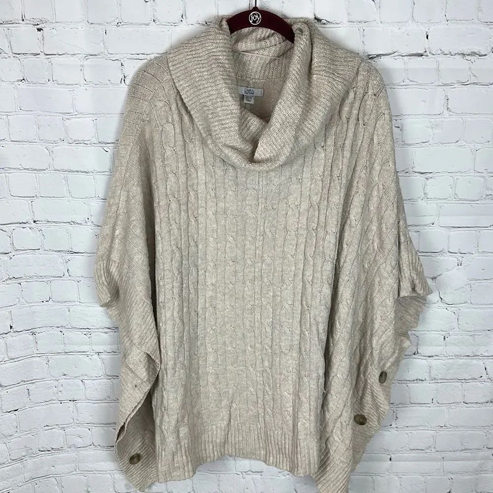 Croft & Barrow Cowl Neck Beige Kitted Poncho Sweater Size 0X/1X